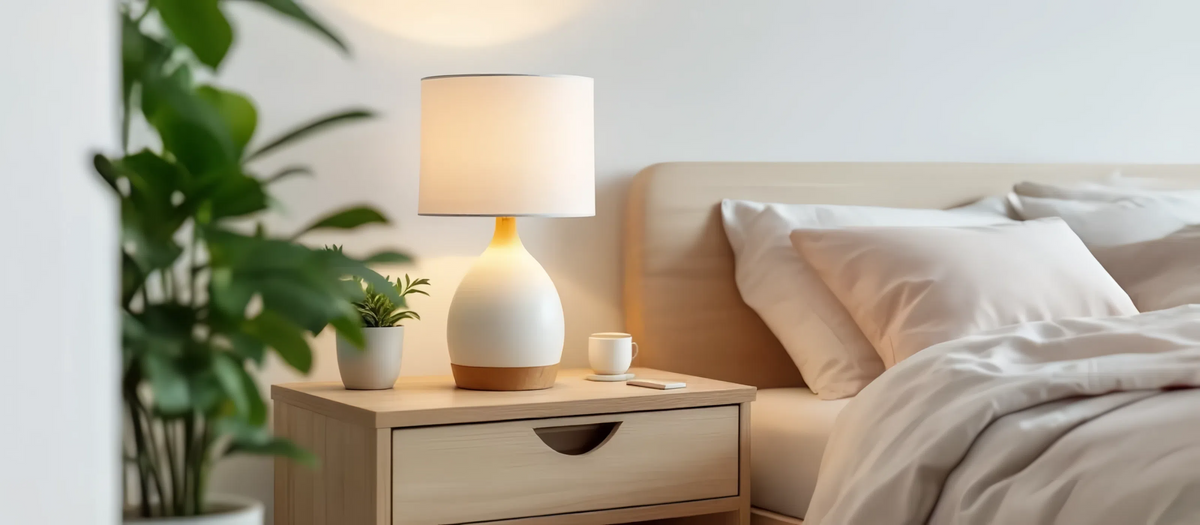 Lampe de chevet dimmable avec lumière réglable pour créer une ambiance chaleureuse.